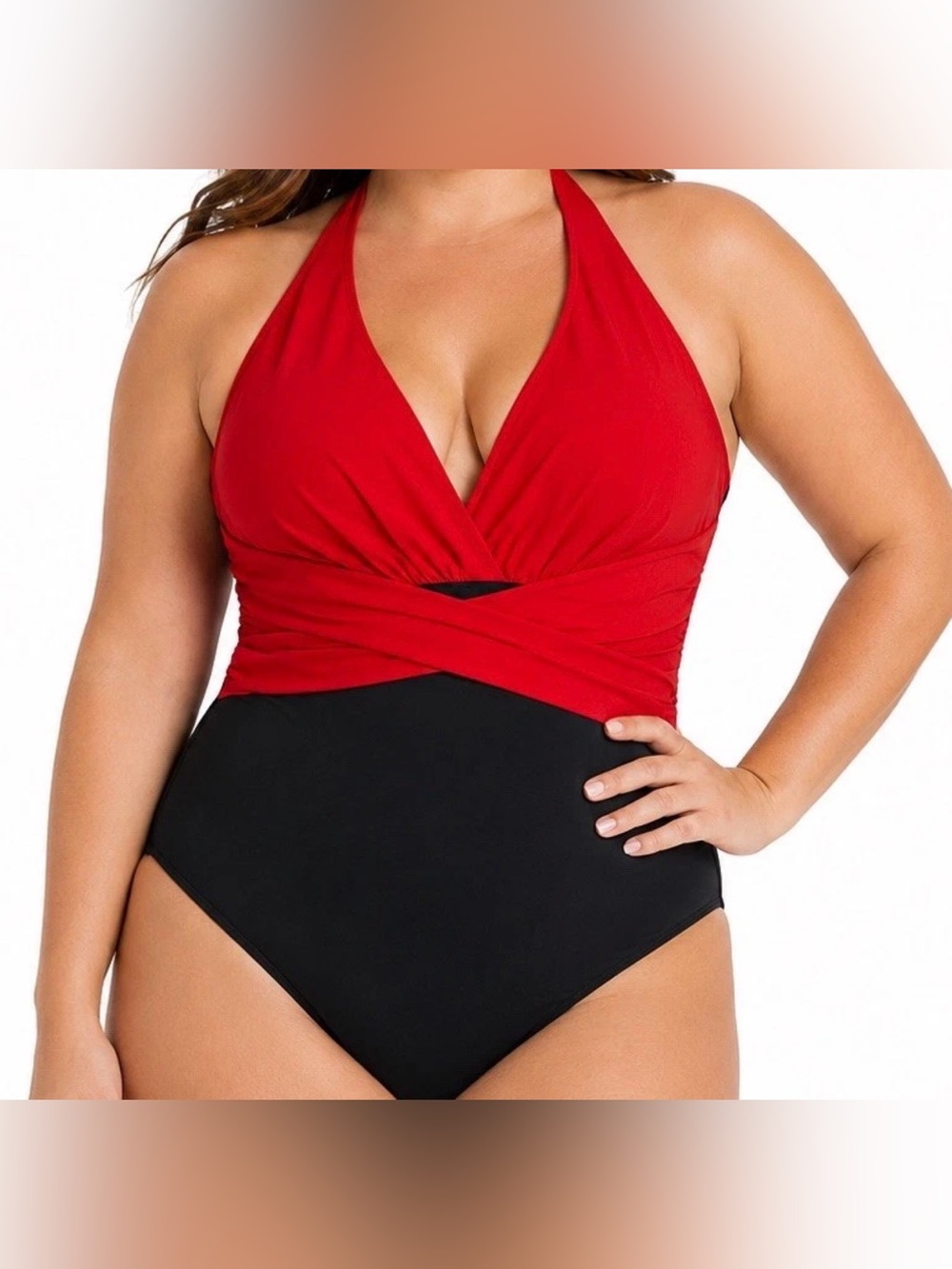Trimshaper Swimsuit 18W Red Black Halter One Piece Tummy Control Ruched Plus
